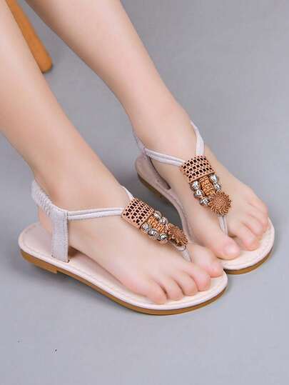 1 Pair Girls Fashionable Beaded Decor Slip-On Flat Cute Sandals, Non-Slip, Suitable For Summer