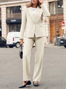Casly Lamiit Women Plain Long Sleeve Suit Collar Regular Top And Pants Set Elegant Composite Fabric Suit With Pockets - 米色 - 查看 2