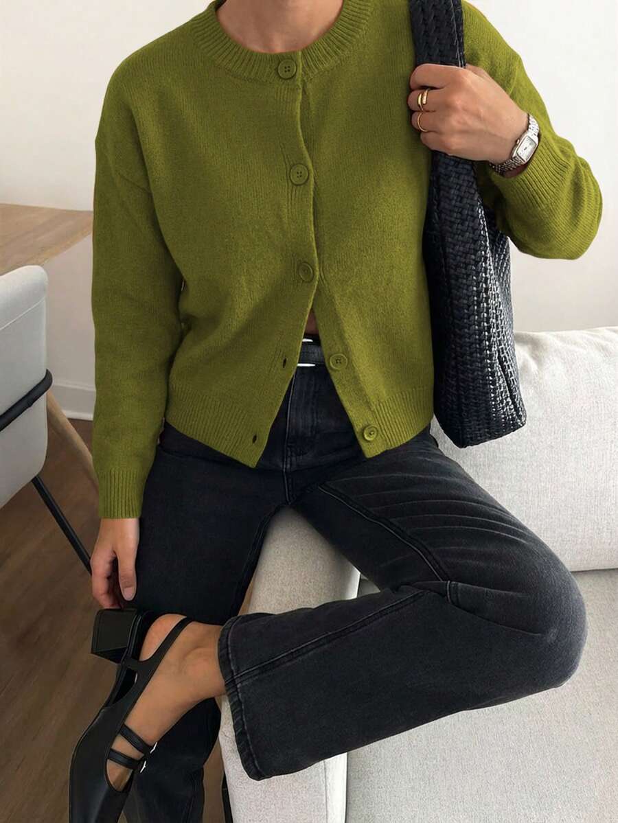 Knit Mix Elegant Women's French Loose Knit Cardigan, Christmas, Thanksgiving, New Year , Fashionable Long Sleeve Crew Neck Sweater, Casual Solid Color Cardigan For Autumn/Winter - Dark Green - View 1