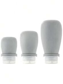 Conjunto de viagem composto por frascos de silicone para armazenar xampu, cosméticos e loções. Esses frascos vêm com fechos à prova de vazamentos e estão disponíveis em três tamanhos: 30 ml, 60 ml e 90 ml. - Cinza - Ver 12