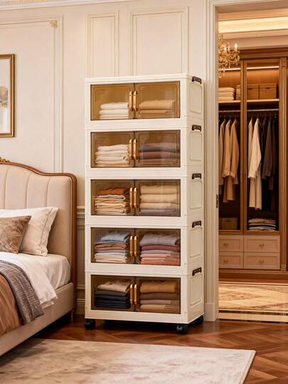 1pc 50cm/19.69in Wide Folding Storage Cabinet, Clothes Closet Storage Box, Portable Wardrobe, Double Door Folding Box, 1-6 Layers Optional, Thickened Double Door With Wheels Storage Cabinet, Home Use No-Assembly Storage Rack, Organize Clothes & Toys Plastic Folding Storage Cabinet