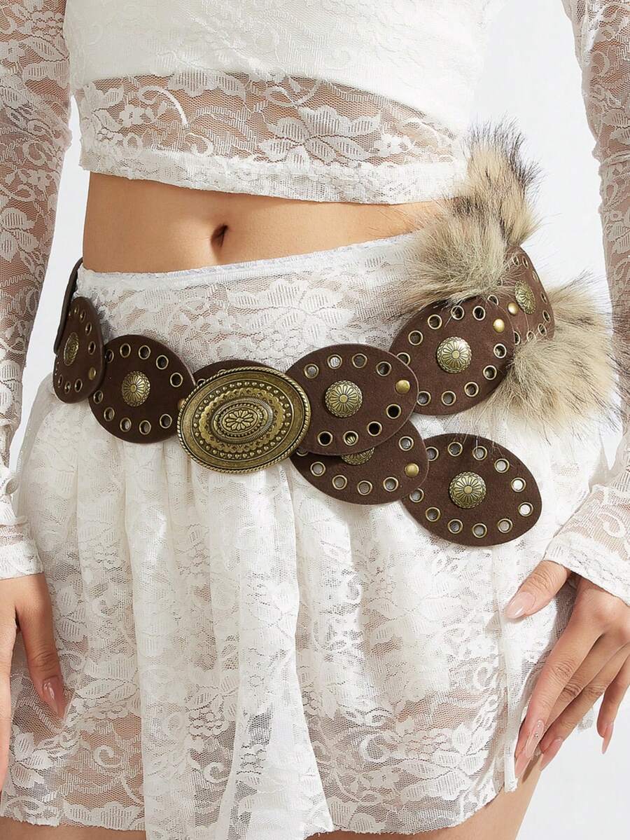 1条时尚休闲纯色拼接女式腰带，Y2K椭圆形扣环，兔毛装饰，咖啡色腰带，心形拼接设计，适合搭配连衣裙、休闲装、裤子、外套、毛衣，适合派对、休闲外出、约会、音乐节、校园、情人节礼物