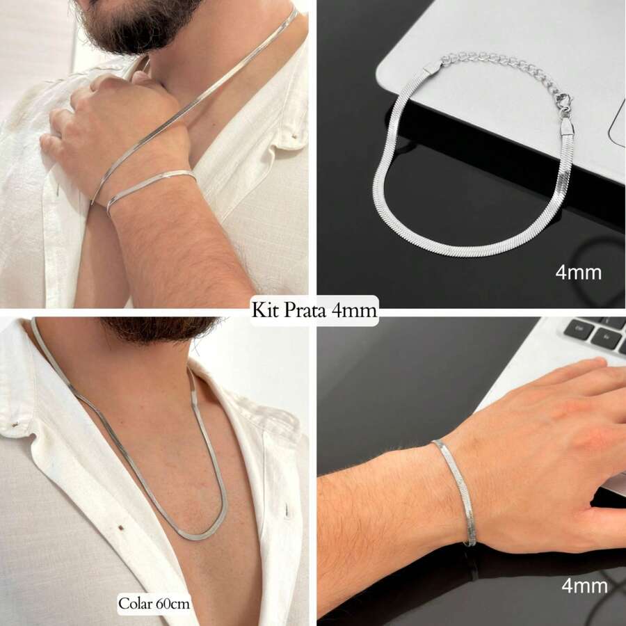 Men's Necklace And Bracelet Set, 4mm Stainless Steel, Gold/Silver Finish, Gift For Boyfriend/Husband - 銀網套裝 - 查看 1