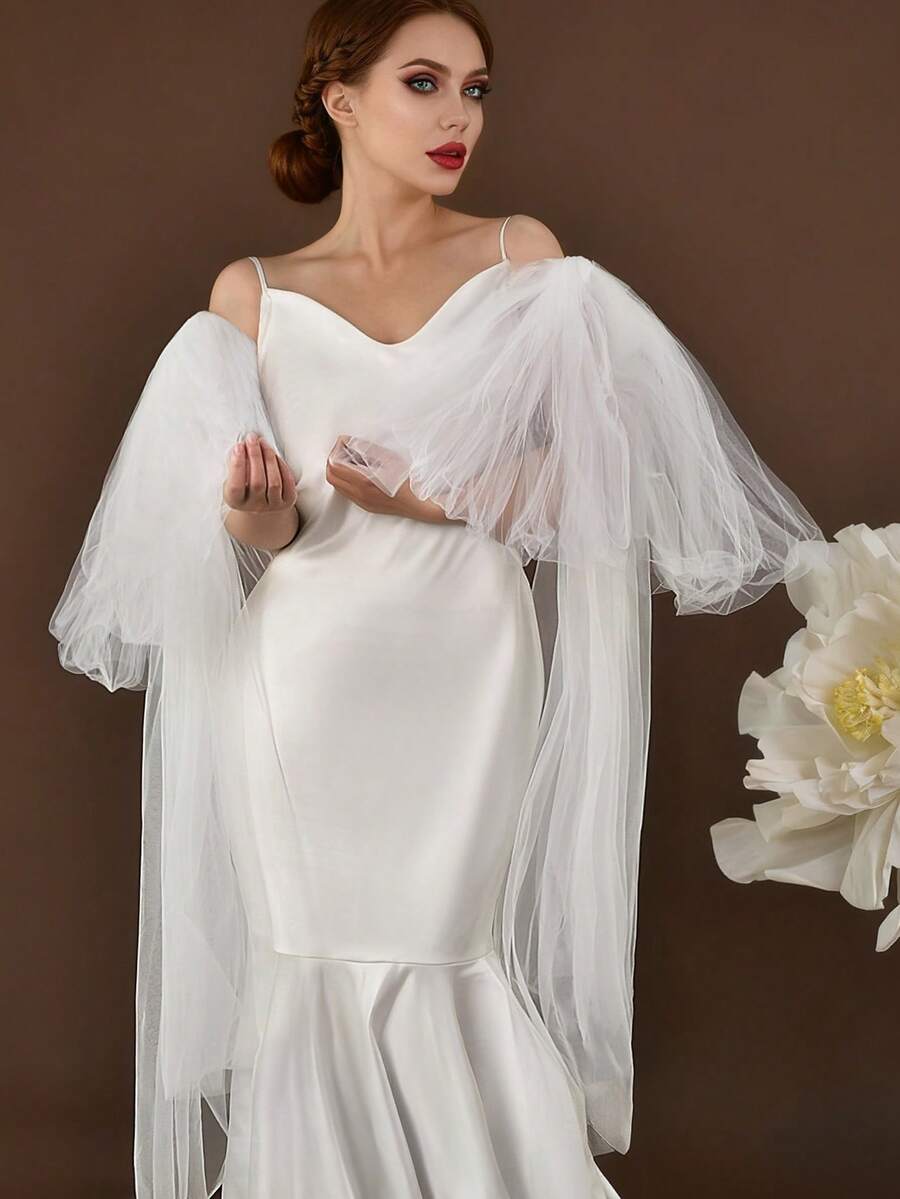 1 Pair Elegant Flowing Long Bridal Gloves And Shawl; Exaggerated Bow Shoulder Sleeves, Suitable For Stage Performance