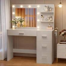 Furniwell Vanity Desk With Mirror, Power Outlet And 10 Lights, Makeup Table With 4 Drawers, 3 Color Modes Available For Bedroom - Xem 2