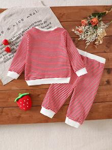 2pcs Baby Girls' Casual Striped Strawberry Embroidered Outfit Set, Cute - Red - View 2