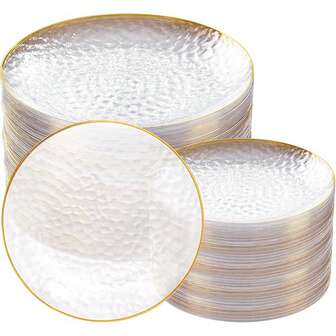 Juego de 50 platos transparentes con borde dorado martillado, incluye 25 piezas de 7.5 pulgadas/25 piezas de 10.25 pulgadas, transparente dorado, platos de postre, elegantes y lindos, fáciles de limpiar. Adecuado para diversas ocasiones como bodas, fiestas de cumpleaños, reuniones familiares y eventos de trabajo en equipo al aire libre. Estos platos multiusos son excelentes para escuelas, útiles para el regreso a clases, fiestas en el campus, restaurantes, cocinas y decoraciones navideñas de mesa, un excelente regalo para amigos, familiares y mayores.