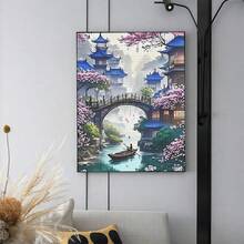 1 Set 5D Diamond Painting Kit - "Sakura Falling On Blue Eaves: Idyllic Spring Watertown With Boats On The Bridge" - Large Size Full Diamond Art DIY Diamond Painting Kit, Frameless Mosaic Full Round Acrylic Diamond Art DIY Diamond Painting Kit, Suitable For Home And Office Desktop Decor, Tabletop Decor And Wall Decor, Ideal Home Decor Gift For Living Room, Bedroom, Study - Multicolor - View 10