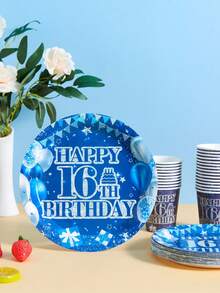 16th Birthday Blue Background Disposable Plates And Cups, Party Supplies Suitable For 25 Guests, Disposable Paper Plates And Cups For Birthday, Wedding, Party, Family Picnic - Multicolor - View 3