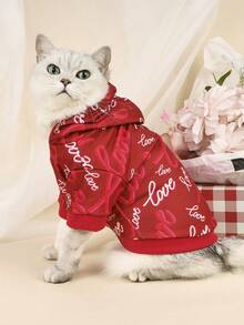 LUCKIE LABO 1pc Valentine's Day Fashion Heart & Love Letter Print Hoodie Sweatshirt, Suitable For Chihuahua, Small Dogs, Cats, Indoor & Outdoor Warm Wear, Autumn/Winter - Red - View 10