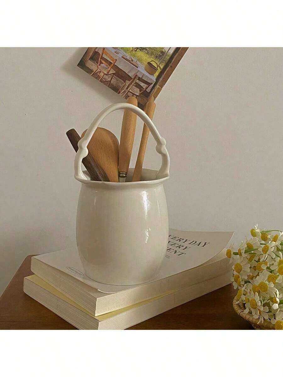 1pc Multi-Functional Ceramic Utensil Holder & Vase, With Handle Design Can Be Used As Flower Vase, Essential Kitchen & Home Utensil Organizer