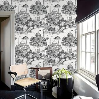 1卷灰色复古自粘壁纸，可移除，山水建筑图案，适用于客厅电视背景墙、家居装饰、橱柜、书架、家具翻新，宽17.32英寸，租房者友好型DIY装饰贴纸