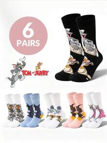 1 par de calcetines de Tom y Jerry de Warner Bros, calcetines deportivos suaves y cómodos, calcetines para todas las estaciones, con un diseño de dibujos animados de Tom y Jerry, versátiles, suaves y cómodos - Multicolor - Ver 2