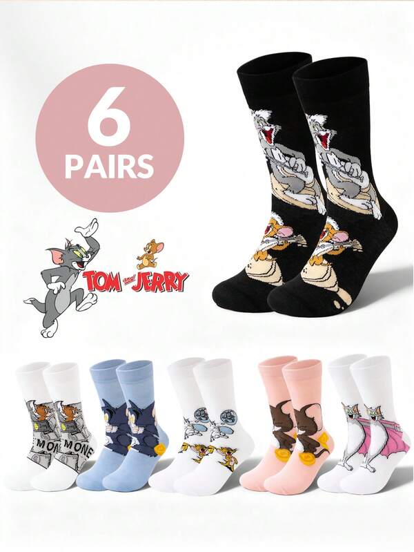  1 Pair Warner Bros. Tom And Jerry Cartoon Socks, Comfortable Soft Sports Socks Suitable For All Seasons, Creative Tom And Jerry Cartoon Pattern, Fashionable And Versatile, Soft And Comfortable