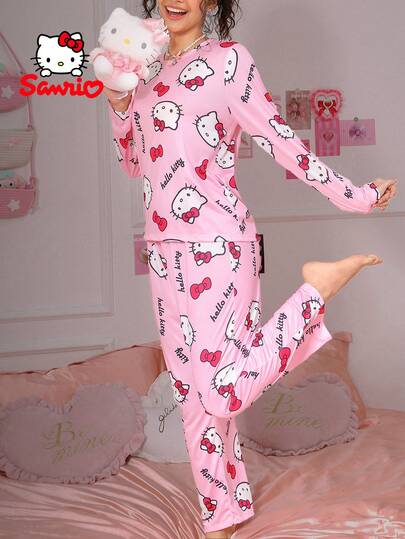 SANRIO 2 piezas Conjunto de pijama para mujer, pijama rosa, estampado de letras y lazos, top de manga larga y pantalones, conjunto de ropa de estar en casa linda