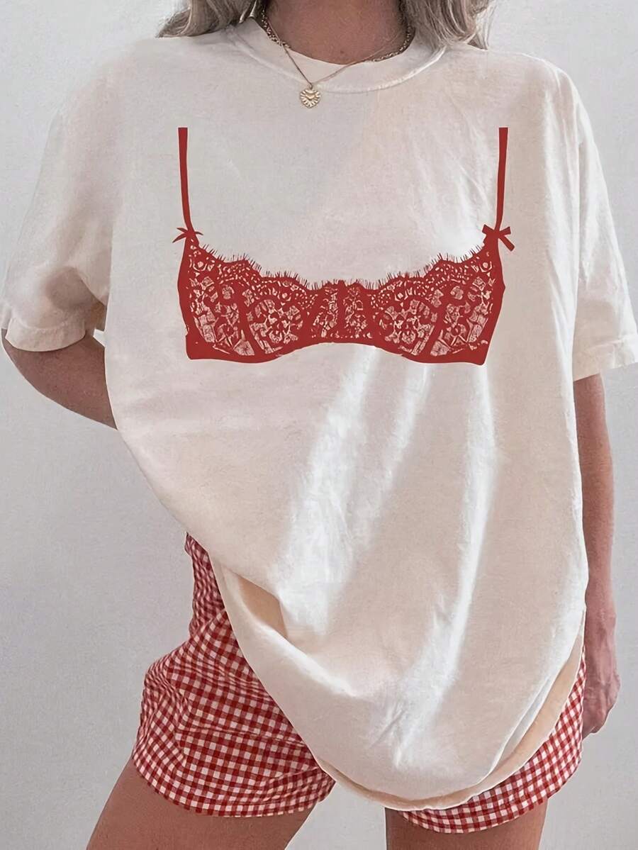 Lingerie Pajama Tshirt, Gift For Wife, Sexy Anniversary Gag Gift, Vintage 90S Y2K Tee, Casual Round Neck, Machine Washable, All-Season Comfort, Everyday Casual Tee, White - trắng - Xem 1