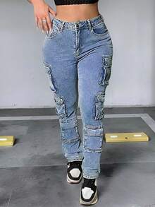 Jeans bleu clair mi-taille moulant cargo à poches multiples pour femmes - Style de rue casual, levant les fesses et affinant la silhouette, pantalon en jean polyvalent pour tous les jours