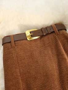 EARO 秋冬休闲百搭街头灯芯绒高腰松紧腰A字裙，时尚优雅设计，及膝 - 卡其色 - 查看 4