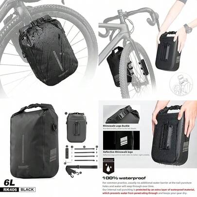 Rhinowalk Bolsa de Bicicleta para portaequipajes, Resistente Agua, Bolsa de Bicicleta para portaequipajes, Bolsa de sillín de 6 L, Bandolera, Negro(Negro 6L 6L)
