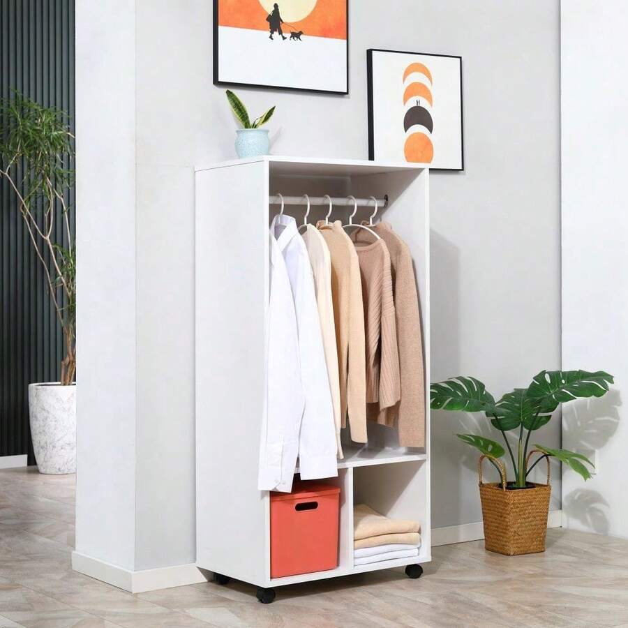 Mobile Open Wardrobe On Wheels | Freestanding Garment Rack With Hanging Rail & 2 Shelves, White - Default - View 1