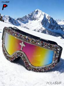Diamond Heart Cross 1pc Outdoor Sports Oversized Rhinestone Ski Goggles, Personalized Colorful Windproof Goggles, Luxury Rhinestone Colorful Ski Windproof Dustproof Foam Protective Goggles, Fashion Theme Party Oversized Sunglasses, Luxury Crystal Protective Goggles, Mountaineering Sandproof Dustproof Cycling Goggles, Oversized Foam Silicone Ski Goggles, Motorcycle Riding Sandproof Dustproof Protective Goggles