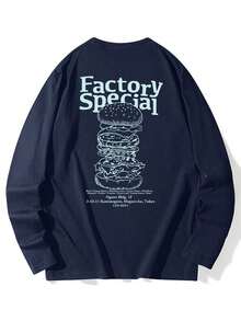 Women's Petite Hamburger & English Letter Print Long Sleeve T-Shirt, Round Neck, Versatile, Autumn/Winterlatest Fashion - 藏蓝色 - 查看 7