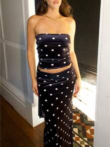 Women 2 Piece Skirt Set Strapless Polka Dot Top And Matching Long Skirt Summer Outfit For Party Club Elegant Women Two Piece Outfits Sets - Black - View 1