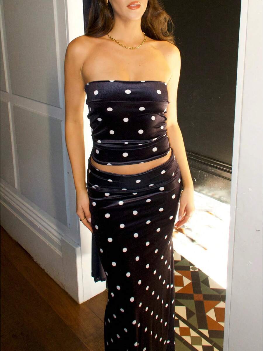 Women 2 Piece Skirt Set Strapless Polka Dot Top And Matching Long Skirt Summer Outfit For Party Club Elegant Women Two Piece Outfits Sets - Black - View 1