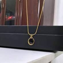 1pc Minimalist Faux Cat's Eye Stone Oval Pendant 18K Gold Plated Stainless Steel Necklace, Suitable For Women's Daily Wear - Oval Necklace - View 4