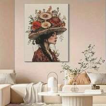 1 Pieza Elegante Marco de Lienzo de Mujer en Forma de Hongo - Arte Botánico Vintage con Adornos Florales y de Hojas, Ella/Él - Decoración de Pared Exquisita para Sala de Estar, Dormitorio, Lado del Sofá, Ambiente Otoñal, Marco de Madera de Pino, Decoración de Hongo para Dormitorio - Multicolor - Ver 3