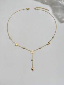 1 chiếc vòng cổ mặt dây chuyền hình ngôi sao và mặt trăng mạ vàng 18K thời trang hình chữ Y, vòng cổ thép không gỉ khảm đá Cubic Zirconia, thích hợp để đeo hàng ngày và làm quà tặng, phụ kiện dây xích xương quai xanh gợi cảm dễ thương - Vàng - Xem 4