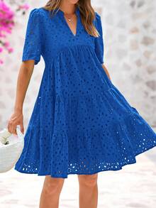Women Summer Embroidery Eyelet  Short Dress V Neck Short Sleeve Hollow Out Lace Ruffle Tiered Flowy Mini Dress Solid White Casual Boho Bohemian Resort Beach Holiday Vacation Valentine Babydoll Mini Short Dress - 寶藍色 - 查看 4