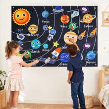 Outer Space Felt Board Story Set, 33-Inch Planet Flannel Board, Suitable For 3-5 Years Old Children Solar System Toy, With Hooks Astronaut Planet Alien Galaxy Reusable, Montessori Educational Sensory Toy, Suitable For Boys And Girls Activity Board - Black - View 2