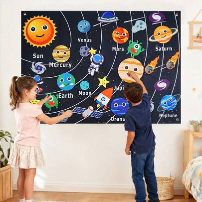 Set de povestiri despre spațiul cosmic din fetru, 10 metri, potrivit pentru copii de 3-5 ani, jucărie cu sistemul solar cu planete, astronaut, extratereștri, galaxie, reutilizabilă, jucărie senzorială Montessori pentru băieți și fete