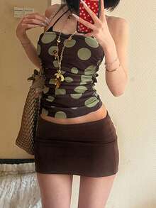 European Style Summer And Spring Best-Selling New Women's Plunging Clothing - Dark Brown Dress With Polka Dot Pattern That Fits And Cinches The Body, Sexy Casual Resort Net Fabric Plunging Top, Sexy Strapless Basic Top, Fashionable Polka Dot Stretch-Fit Plunging Top, Suitable For Women To Wear All Year Round - Chocolate Brown - View 4