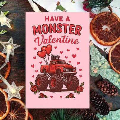 1pc Have A Monster Valentine Truck With Heart Balloons Greeting Card With Envelope Fun Red Monster Truck Design With Roses And Hearts For Valentine's Day, Perfect For Friends, Colleagues, Partners, Couples, Loved Ones, Romantic Holiday Gift