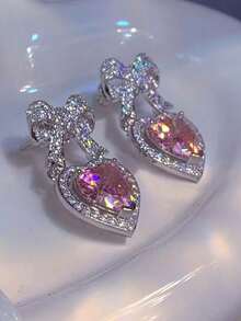 1 Pair Pink Crystal Heart Earrings, Rhinestone Bow Cute & Sweet Earrings For Women, Luxury Gift Suitable For Girlfriend Or Mother - Love - View 10