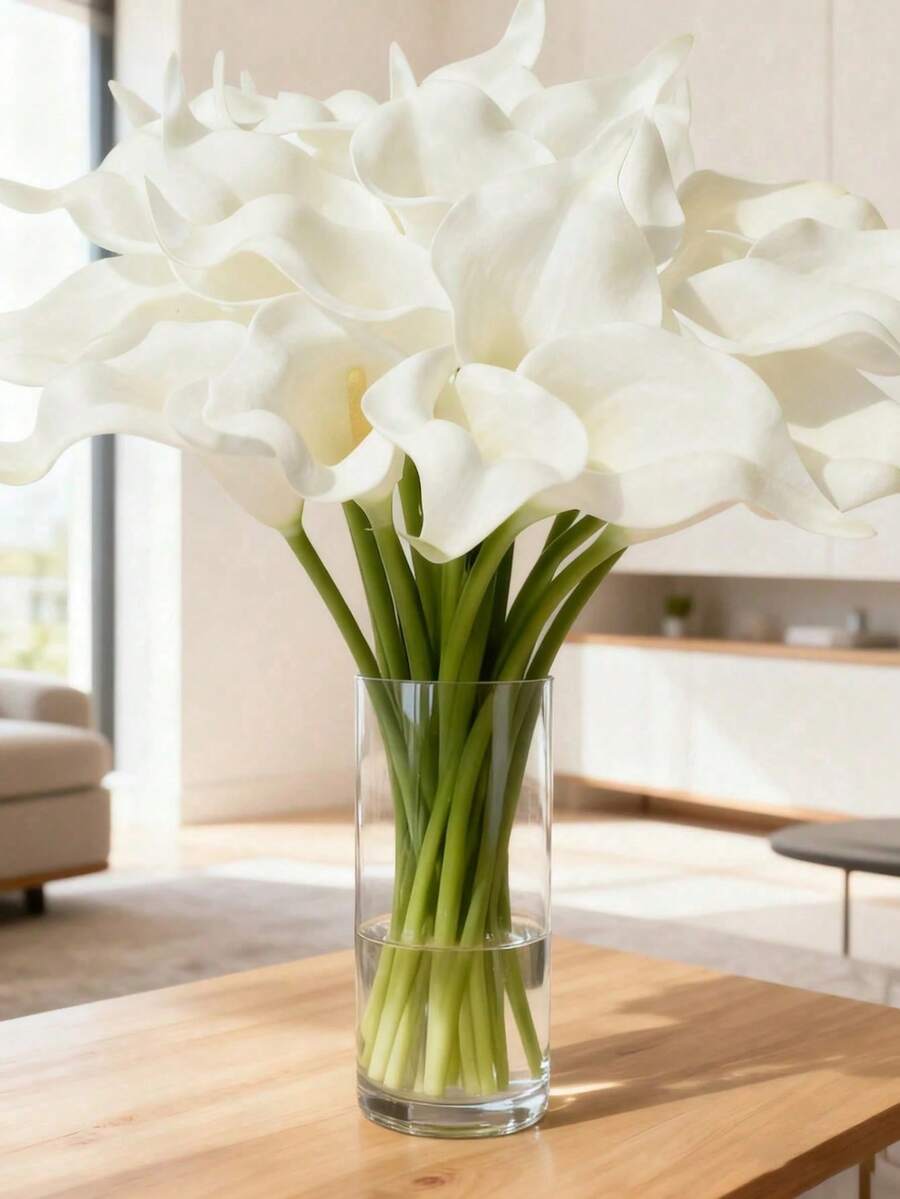Bó hoa loa kèn trắng nhân tạo (5/10/20 cành, cao 13,4 inch) | Hoàn hảo cho đám cưới, Ngày của Mẹ, trang trí nhà cửa lễ Phục Sinh, trang trí sân vườn ngày Valentine, trang trí phòng, đồ nội thất ngoài trời, quà tặng ngoài trời cho phụ nữ. - trắng - Xem 1