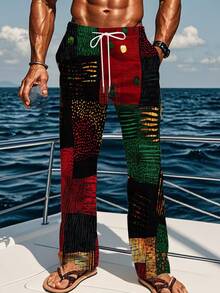 's African-Inspired Wide-Leg Casual Pants With Multicolor Abstract Print (Red/Yellow/Green/Black) - Loose-Fit Straight-Leg Trousers, African Fabric-Like Design For Festivals, Parties & Casual Attire - Machine Washable - 彩色 - 查看 5