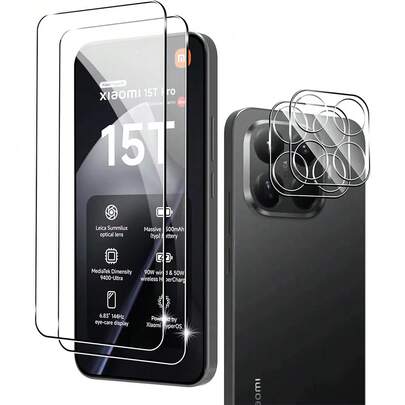 适用于小米 15T/15T Pro 的 4 件套，包含 2 片 9H 钢化玻璃屏幕保护膜 + 2 片钢化玻璃摄像头镜头保护膜，防刮花，高清 3D 透明黑色丝印摄像头保护膜
