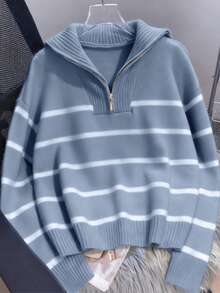 女士条纹休闲拉链宽松针织衫，翻领，长袖 - 藍色 - 查看 2