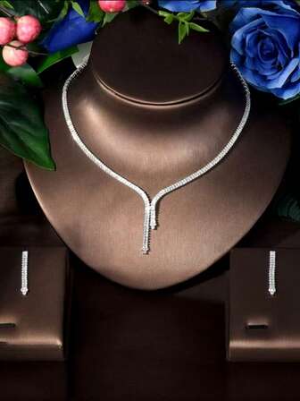 Conjunto de joyería de moda elegante para mujer, collar de circonita + aretes de 3 piezas, elegante y versátil, el mejor accesorio para bodas, galas, fiestas, vacaciones y uso diario