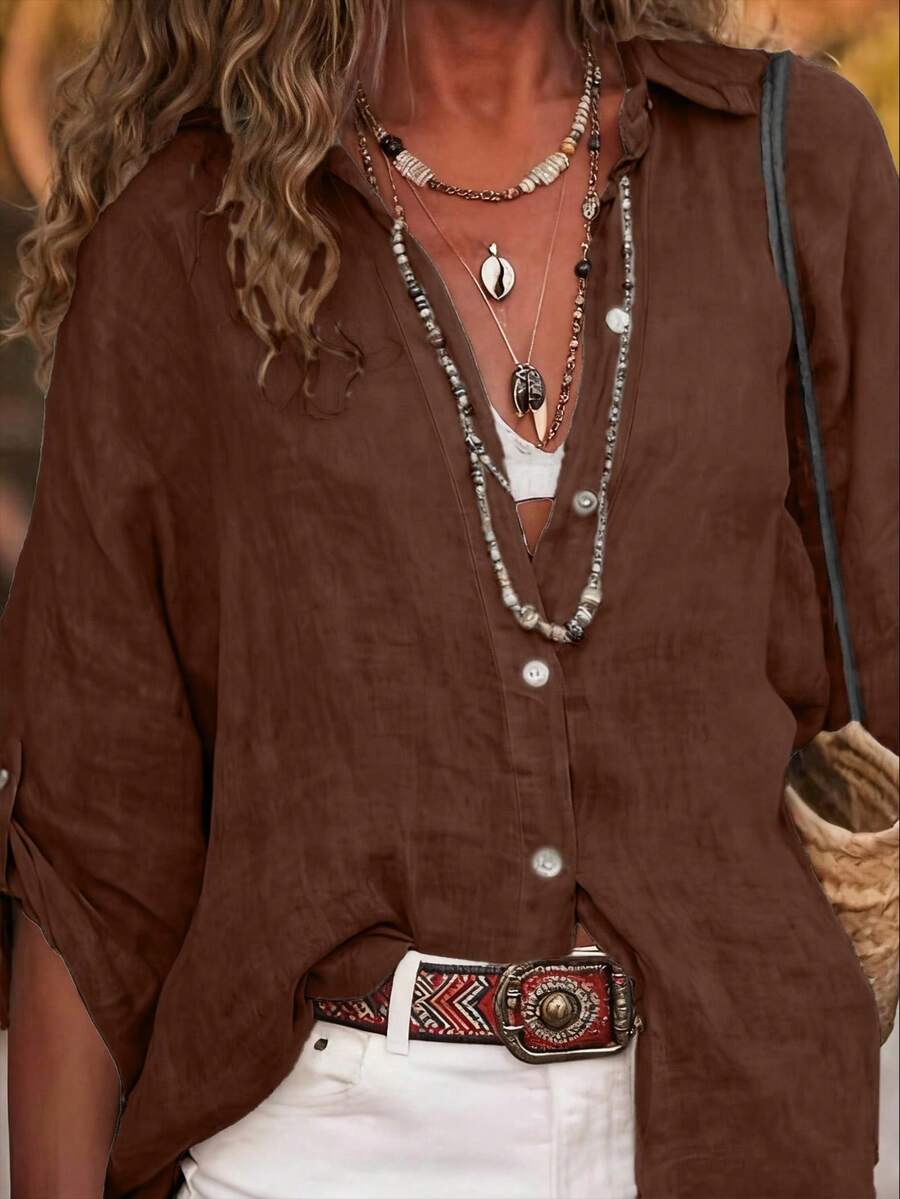 Women's Casual Linen Solid Color Roll-Up Sleeve Button Detail Long Sleeve Shirt Spring - Brown - View 1
