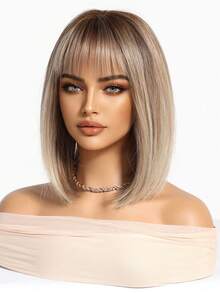 14 Inch Short Blonde Bob Wig Straight With Bangs Ombre Blonde Synthetic Wig For Women Heat Resistant For Women Daily Party New Year Use - Vàng - Xem 5