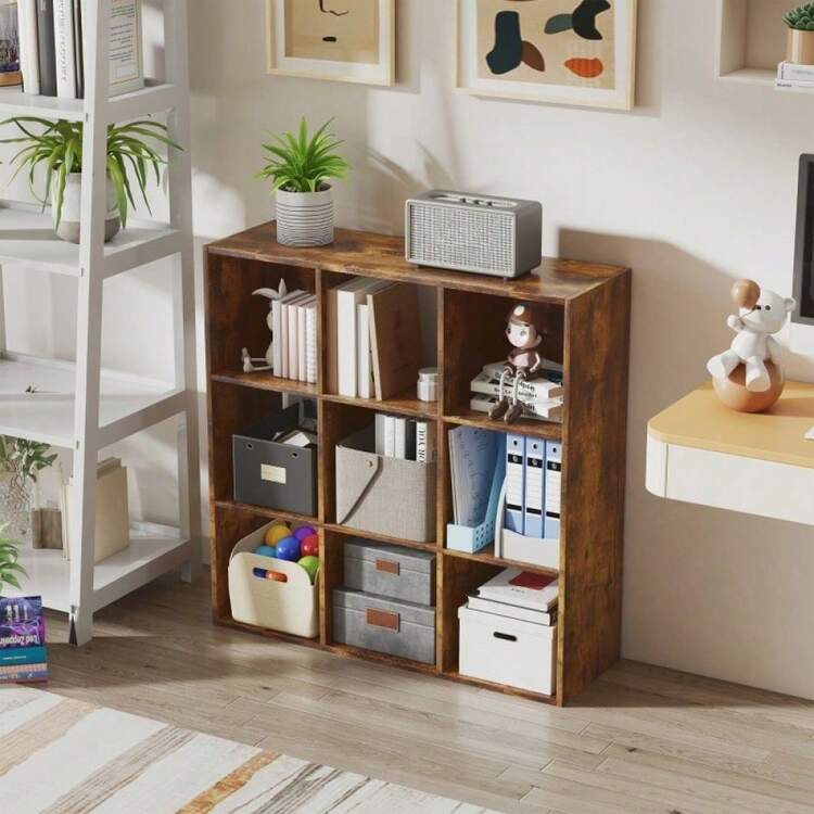 9-Cube Storage Unit | 3-Tier Cube Shelf Rustic Brown | Particle Board Bookcase | Home Office Organizer - 預設 - 查看 7