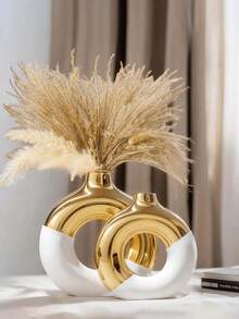 Conjunto de Vasos de Cerâmica: Vasos grandes e pequenos na cor platina, ideais para decoração minimalista moderna, vaso em formato de rosca, vaso de junco em estilo nórdico, vaso para armazenamento de flores artificiais, perfeito para centro de mesa na sala de estar, decoração de mesa de jantar, decoração de mesa de centro, decoração de escritório ou quarto, presente de Natal, presente de Dia dos Namorados, presente de Ano Novo Chinês, decoração de Natal, decoração de casamento, acessórios para casa. - Branco - Ver 2