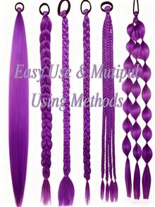 3条26英寸（约70厘米）紫色编织马尾辫接发，适合编织，顶部带弹性包裹，自然柔软渐变色合成编织接发，适合女孩（紫色/浅紫色） - 彩色 - 查看 8