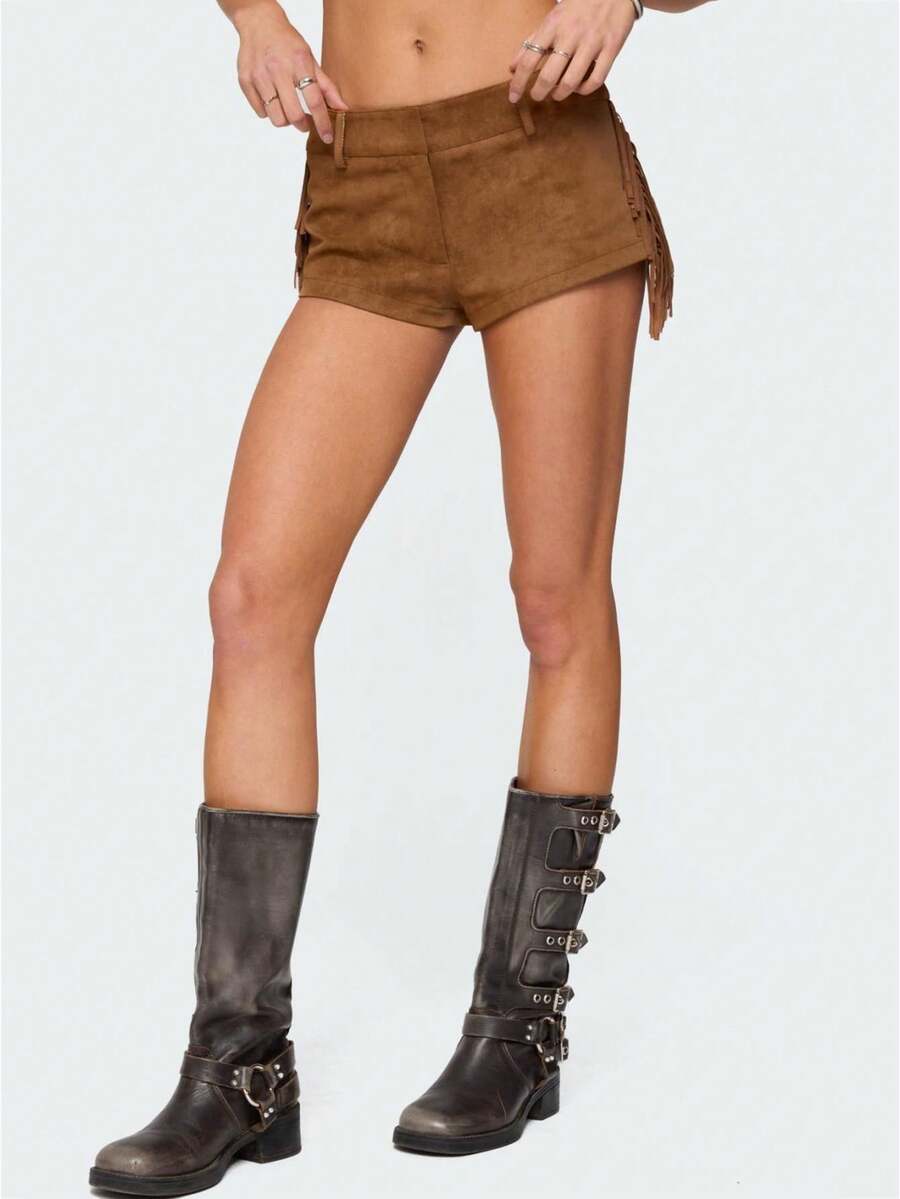 Women's Faux Suede Fringe Mini Shorts Low Rise Tassel Party Club Micro Shorts Western Cowgirl Outfit Streetwear - 卡其色 - 查看 1