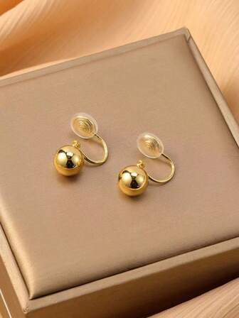 1对时尚新款铜球耳环，女士夹式耳环，高端优雅闪亮，适合日常佩戴和节日礼物