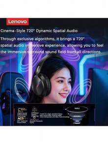 Lenovo EH140 Wireless Bluetooth Headphones, Black, Gaming Design, Dedicated Gaming Chip, Sound Positioning, Compatible With Delta Force (FPS) And , PC Gaming Dedicated, Black - Black - View 6